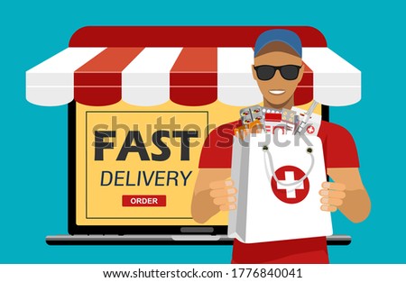 Fast delivery. E-buy Medicines using a laptop. Free Medicines delivery concept , laptop screen, courier, boxes.  Medicines online ordering in flat vector. Free delivery, online buy