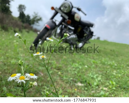 A wonderful picture of an Indian motorcycle with a flower and a magnificent mountain view