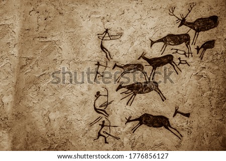 Cave art seamless pattern made of ancient wild animals, horses and hunters. Rock paintings. Hunting scenes. palaeolithic Petroglyphs carved in rocks.  Stones with petroglyphs. people get food Royalty-Free Stock Photo #1776856127