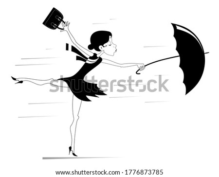 Windy weather, young woman and umbrella isolated illustration. Pretty young woman with a handbag and an umbrella is standing on the wind black on white
