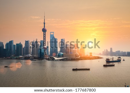 beautiful dusk scene of shanghai skyline and huangpu river