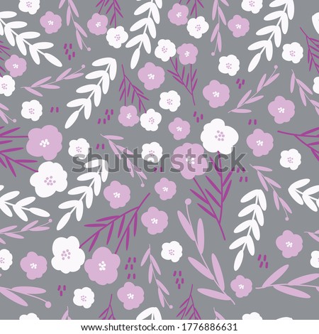 Seamless vintage floral pattern . Grey background, small white and pink flowers, maroon leaves. The print is well suited for packaging.