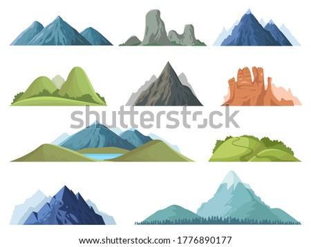 Rocky mountains. Mountain tops outdoor landscape, winter peaks, hilltop with trees, hiking mountain valley landscape vector illustration set. Range rock, mountain rocky environment top