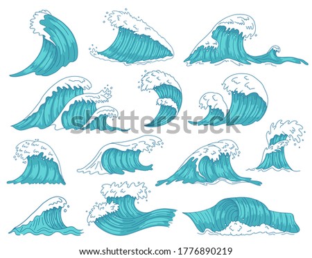 Oceanic waves. Sea hand drawn tsunami or storm waves, marine water shaft, ocean beach surfing waves isolated vector illustration icons set. Tsunami storm, sea wave motion Royalty-Free Stock Photo #1776890219