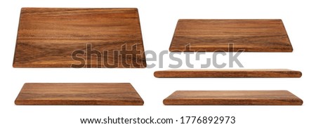 Kitchen Board isolated on white. Set of Cutting Boards in different angles shots in collage for your design. Chopping board rectangle form. Royalty-Free Stock Photo #1776892973