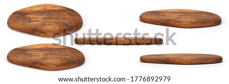 Kitchen Board isolated on white. Set of Cutting Boards in different angles shots in collage for your design. Chopping board oval form. Royalty-Free Stock Photo #1776892979