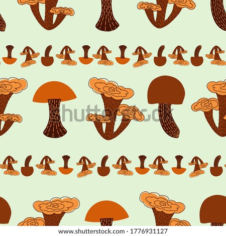 Seamless colorful vector pattern of autumn various mushrooms in orange color. The design is perfectly suitable for textiles, surfaces, backgrounds, packaging, sheets, wallpaper, wrapping paper