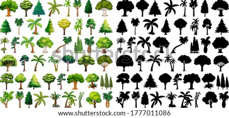 Set of plant and tree with its silhouette illustration