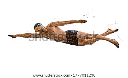 one caucasian man sport swimmer swimming silhouette isolated on white background Royalty-Free Stock Photo #1777011230