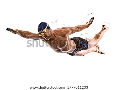 one caucasian man sport swimmer swimming silhouette isolated on white background Royalty-Free Stock Photo #1777011233