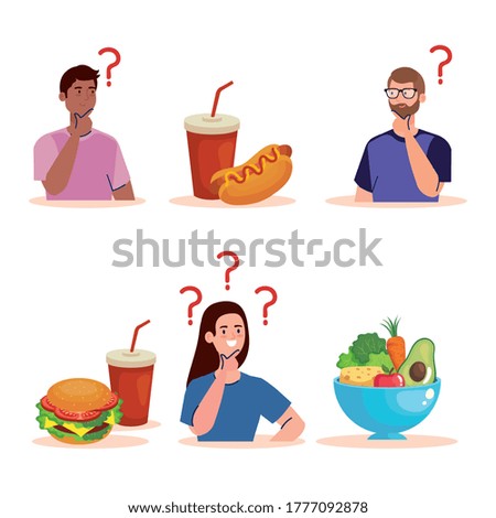 men and woman thinking what to eat design, junk or healthy food decision theme Vector illustration