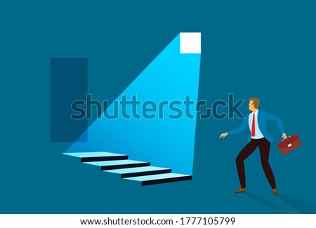 Businessman in suit standing in front of stair go to open door. Solution to problem business concept. Man looks at open opportunities. Male walking go to goal. vector illustration for graphic design 