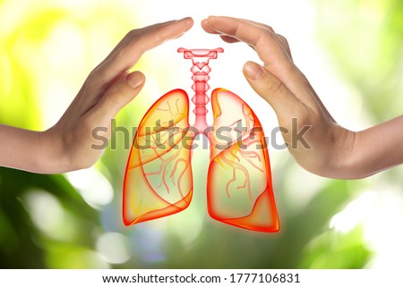World Tuberculosis Day and No Tobacco campaign. Woman covering lungs illustration on blurred background, closeup Royalty-Free Stock Photo #1777106831