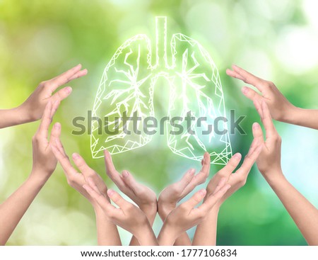 World Tuberculosis Day and No Tobacco campaign. People surrounding lungs illustration, making frame with hands Royalty-Free Stock Photo #1777106834