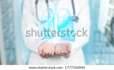Pulmonology treating respiratory diseases - bronchitis, tuberculosis, asthma, emphysema, pneumonia and chest infection. Physician with lungs illustration, banner design Royalty-Free Stock Photo #1777106846