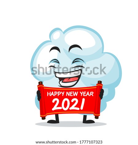 Vector illustration of cloud mascot or character holding red scroll and say happy new year