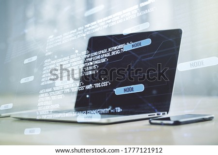 Abstract creative coding concept on modern laptop background. Multiexposure