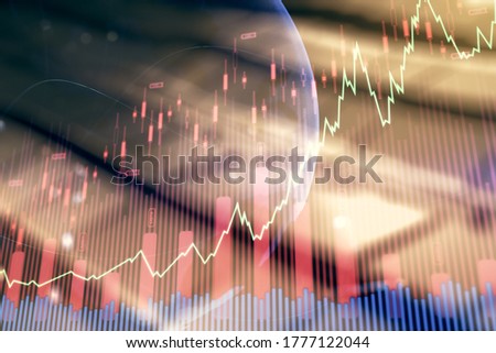 Multi exposure of virtual abstract financial graph hologram and world map on abstract metal background, financial and trading concept