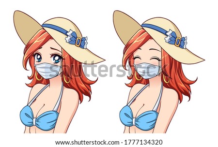 Anime cute woman wearing summer hat, bikini and medical mask. Set of two different expressions. Coronavirus tourism. Hand drawn vector illustration.