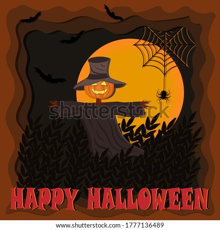 Illustration for Halloween day with the image of a stuffed animal on a field with a pumpkin head on the background of the moon, vector, gift, design, decoration, banner, poster
