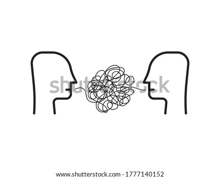 two person with difficult communion. concept of brawl and hard speaking by abuser and depression or stress or anxiety. outline simple trend modern graphic linear design isolated on white background Royalty-Free Stock Photo #1777140152