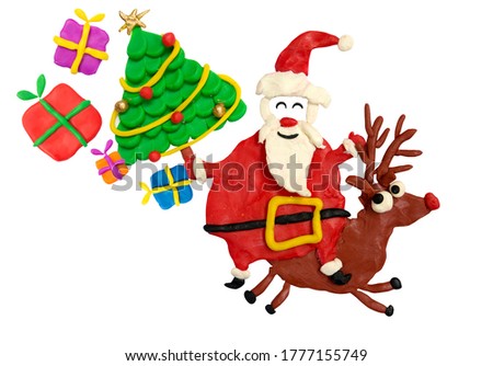 Cartoon fun Santa rides a deer with Christmas tree and gifts in his bag.