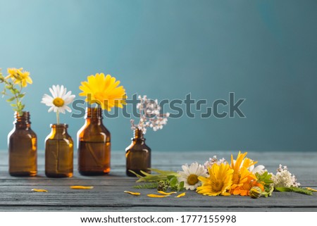 medicinal plants and brown bottles on  blue background