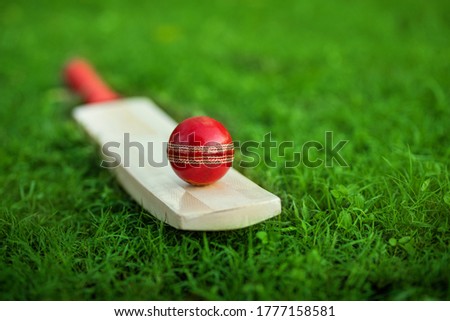 leather Cricket ball resting on a cricket bat placed on green grass cricket ground pitch