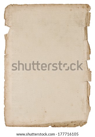 old paper sheet isolated on white background. antique book page
