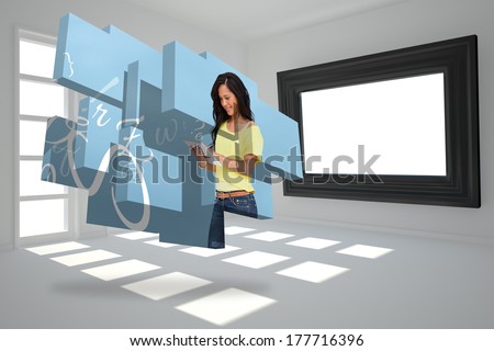 Student using tablet on abstract screen against digitally generated room with picture frame