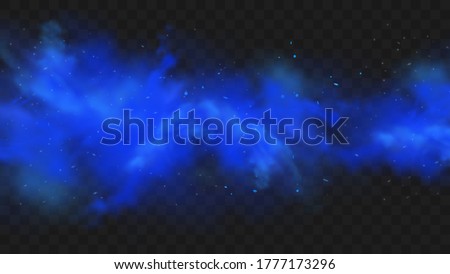 Blue smoke isolated on dark transparent background. Realistic blue magic mist cloud, chemical toxic gas, steam waves. Realistic vector illustration