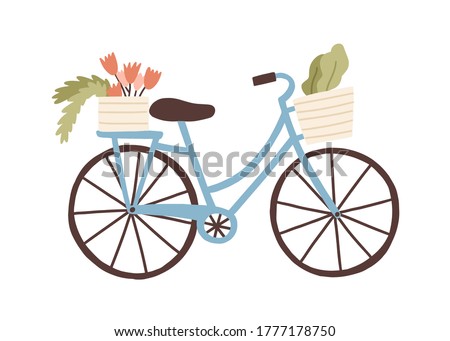 Cute hand drawn bicycle or bike isolated on white background. Urban eco friendly pedal transport carrying baskets with flowers and plants vector flat illustration. Retro vehicle with flower bouquet