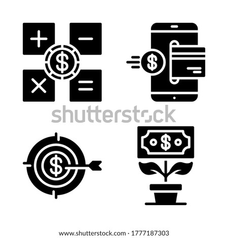 Economy icon set = budget, deposit, target, plant money.
Perfect for website mobile app, presentation, illustration and any other projects.
