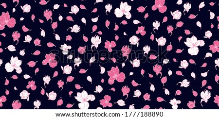 Seamless pattern with magnolia flowers isolated on black background. Floral vector pattern for invitations, cards, print, gift wrap, manufacturing, textile, fabric, wallpapers. Composition art style