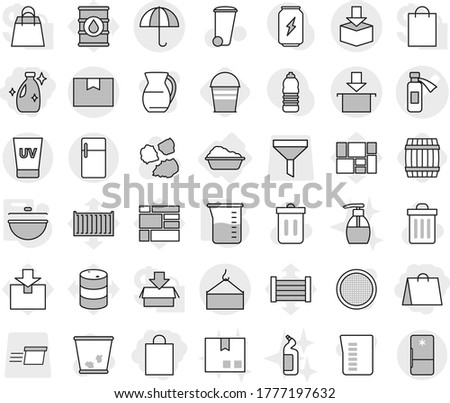Editable thin line isolated vector icon set - shopping bag, cleanser, potion bottle vector, loading crane, package box, dry cargo, uv cream, washing, cauldron, measuring cup, barrel, bucket, toilet