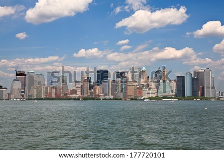 Manhattan skyline from liberty island a sunny day, New York, USA