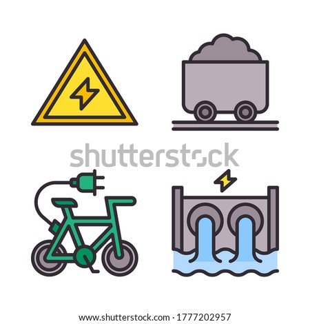 Renewable Energy icon set (Filled Line) = warning sign, coal, electric bike, hydropower.
Perfect for website mobile app, presentation, illustration and any other projects.
