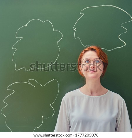 School teacher with clouds of thoughts on blackboard, copy space on green background