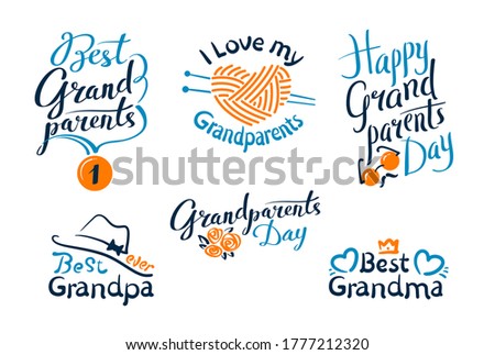 Set Happy Grandparents Day Emblems, Labels, Icons and Signs with Lettering for Greeting Card, Banner, T-shirt or Logo Design. Best Grandpa, Grandma for Social Media or Print. Vector Illustration