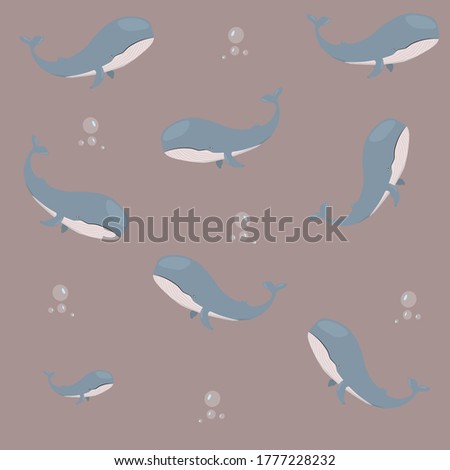 Beautiful poster with blue whale on burgundy background for wallpaper design. Pattern