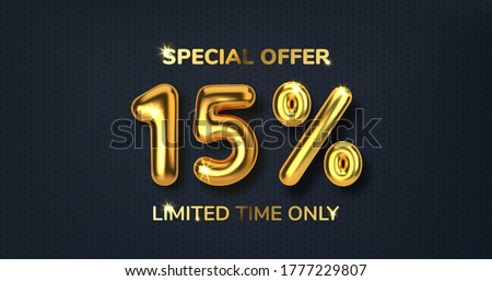 15 off discount promotion sale made of realistic 3d gold balloons. Number in the form of golden balloons. Template for products, advertizing, web banners, leaflets, certificates. Vector illustration