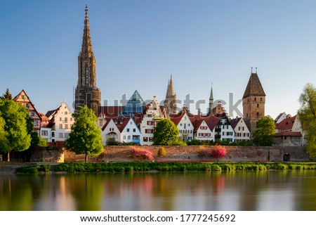 View from neu-ulm to ulm with river danube and ulmer minster in the morning at sunrise beautiful weather Royalty-Free Stock Photo #1777245692