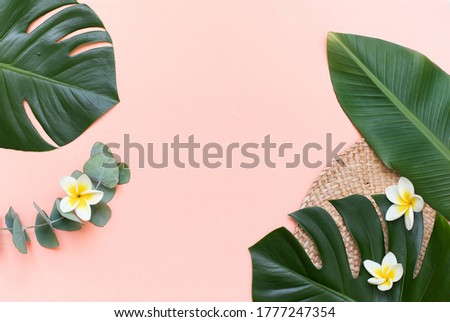 Tropical palm tree leaf and hat on a pink background. The place is empty on the photo for your text. Vibrant minimal fashion concept
