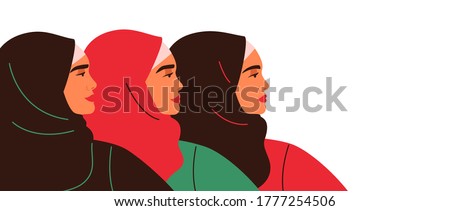 Three Arabian women are standing together. Emirati Women's day greeting card with young Muslim females wearing colorful hijabs. Vector illustration in flat style
