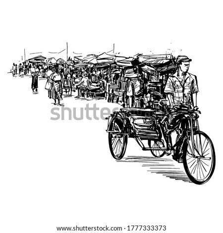Drawing of the rickshaw at local market in Myanmar 