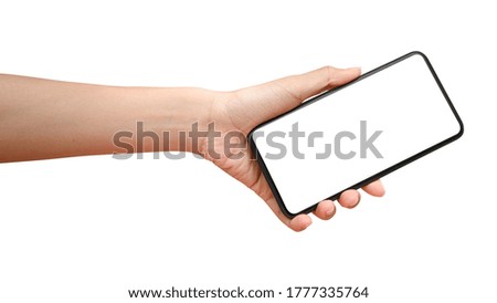 Close up hand holding phone isolated on white background with clipping path. Can use for show your media.