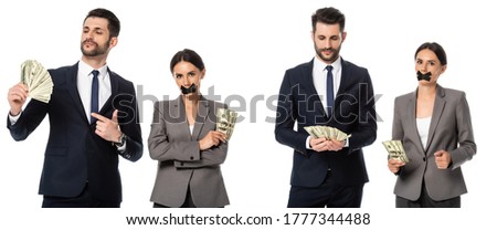 collage of businessman pointing with finger at dollars near businesswoman with duct tape on mouth isolated on white, sexism concept Royalty-Free Stock Photo #1777344488