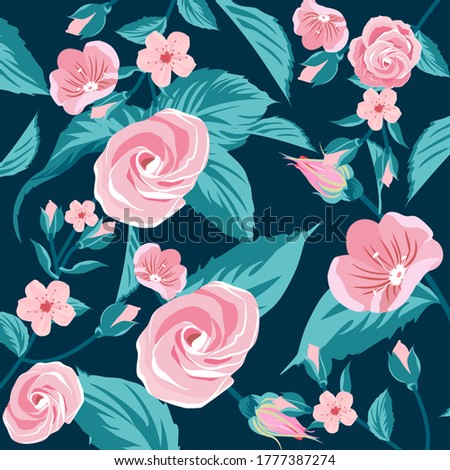 Pink roses and green rose leaves. Dark fabric swatches with pradise flowers isolated on a blue background. Vector illustration,