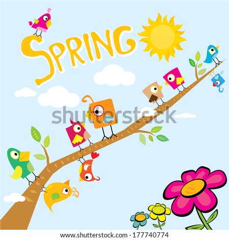 Spring word, flowers and butterfly vector. spring landscape illustration