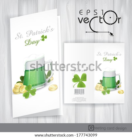 Mug Of Green Beer For St Patrick's Day. Greeting Card Design, Template. Vector Illustration. Eps 10.
